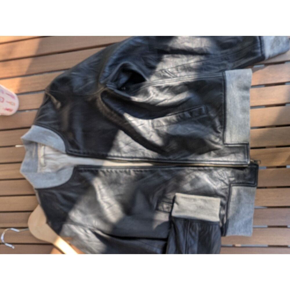 Mike & Chris Leather Bomber Jacket Small Black Grey Knit Trim Full Zip   sZ XS